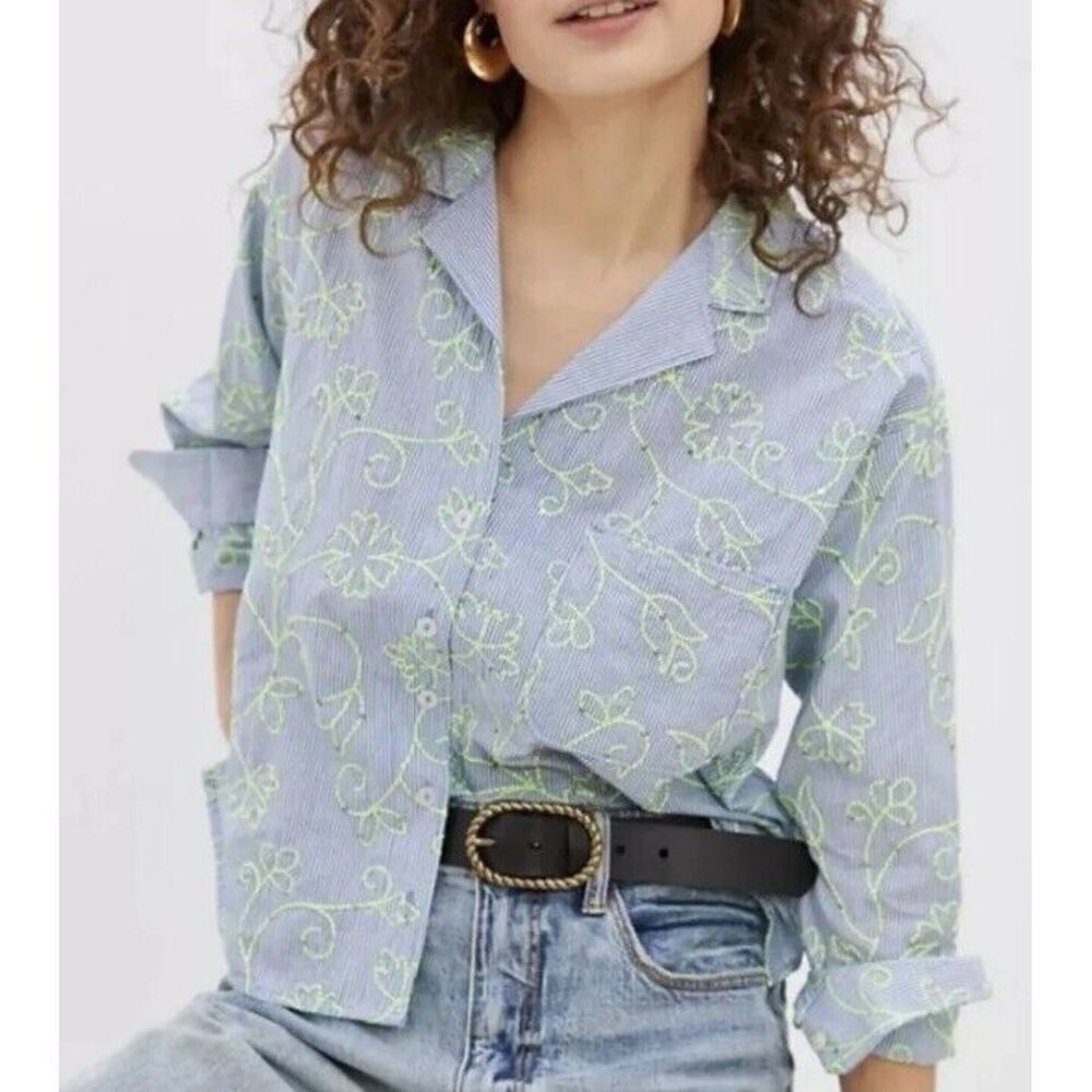 MAEVE Clarissa High Low‎ Blue White Green Embroidered Button Down Shirt Sz 4